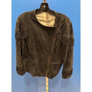 Anthropologie Elevenses Womens Navy Suede Fringe Jacket L With Asymmetrical Zipp